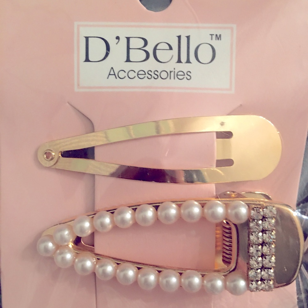 2 feminine hair clips, pearl rhinestone & gold